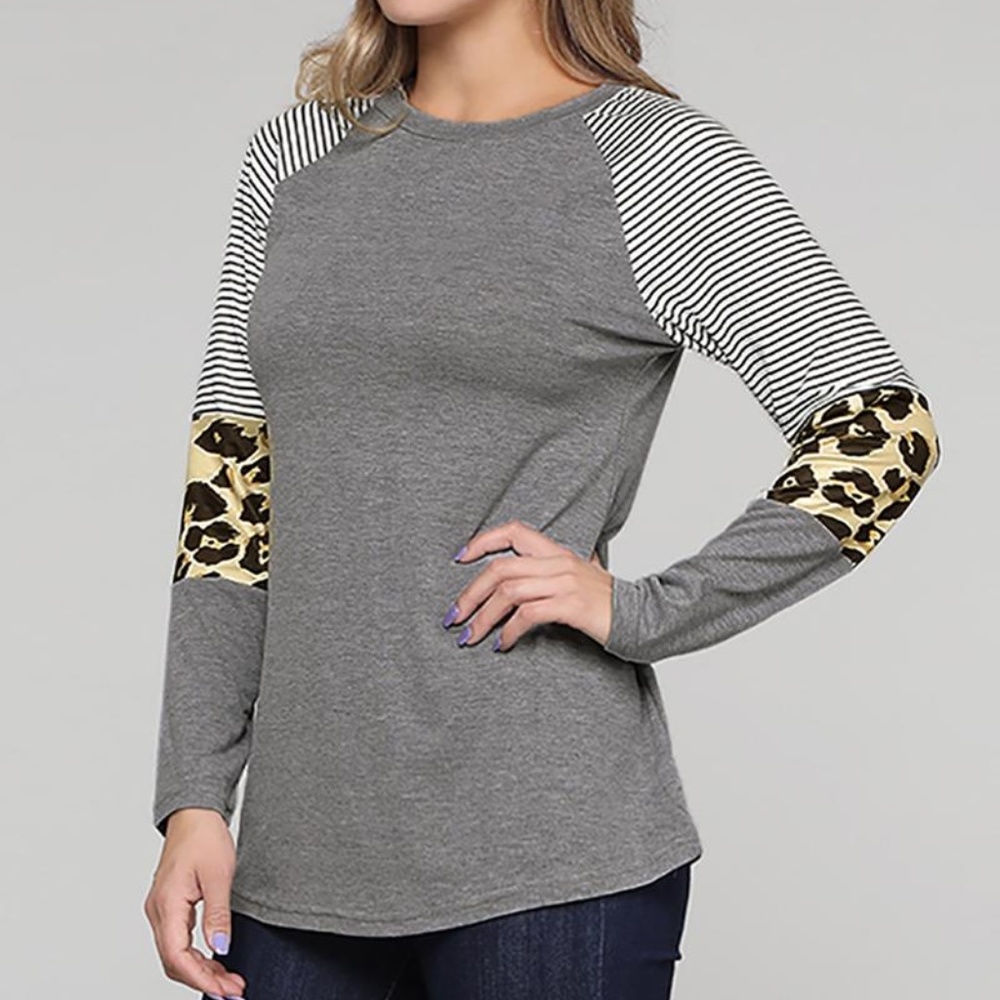 Gray and leopard color block top